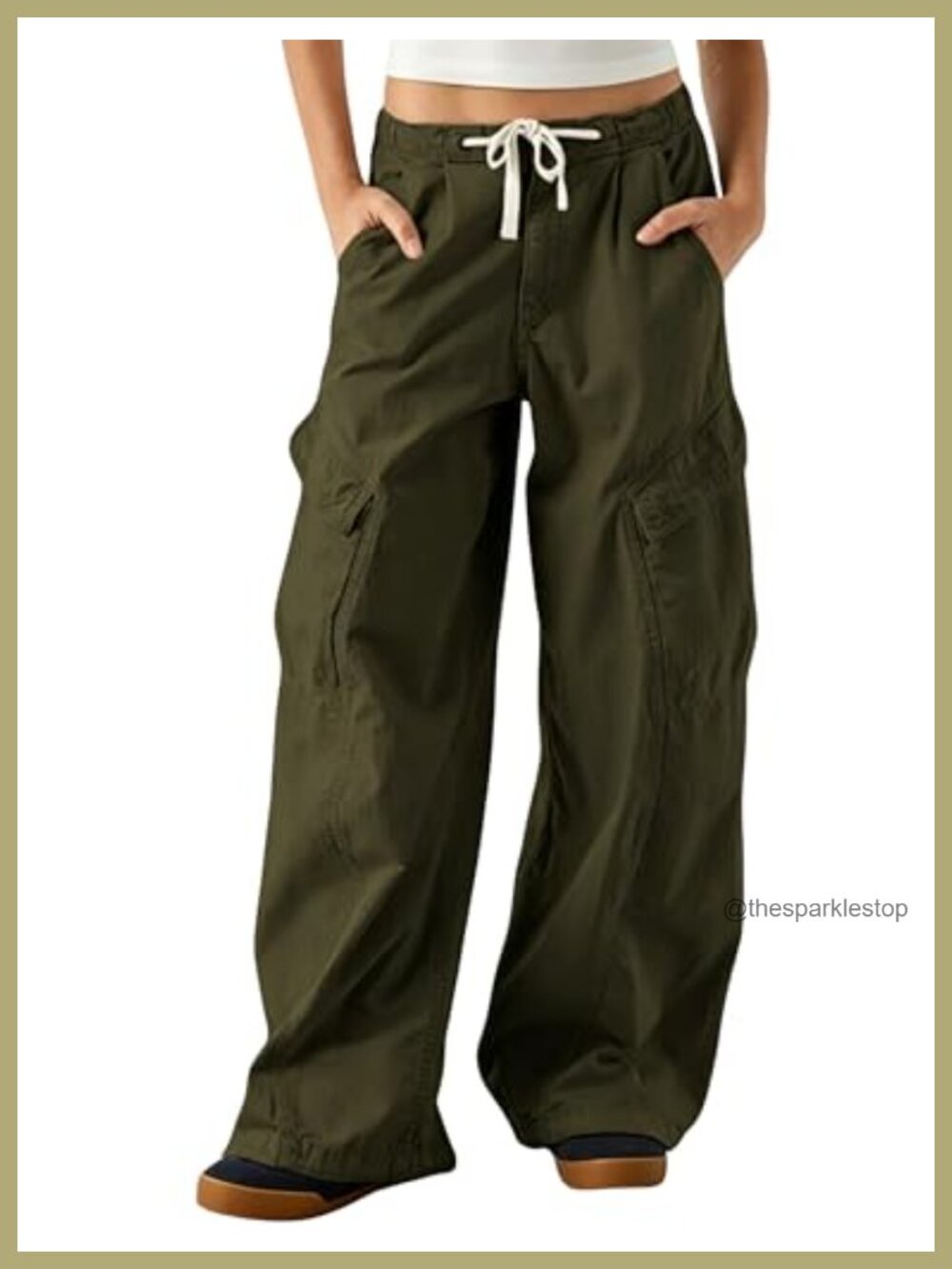 Womens Barrel Leg Cargo Pants Drawstring Elastic Waist Baggy Jeans with Pockets